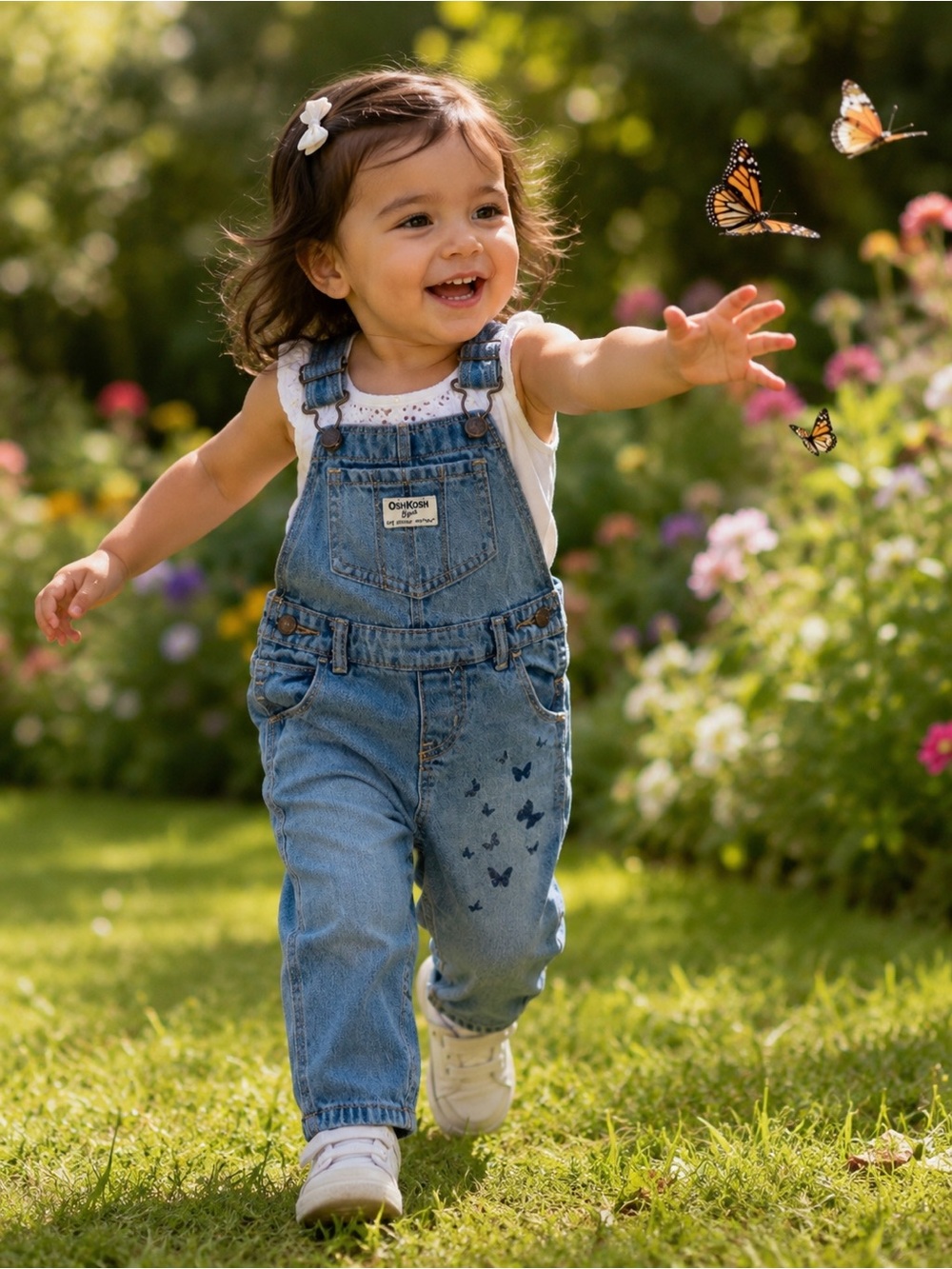 OshKosh B’gosh Girls 18 Months Denim Overalls Butterfly Print Adjustable